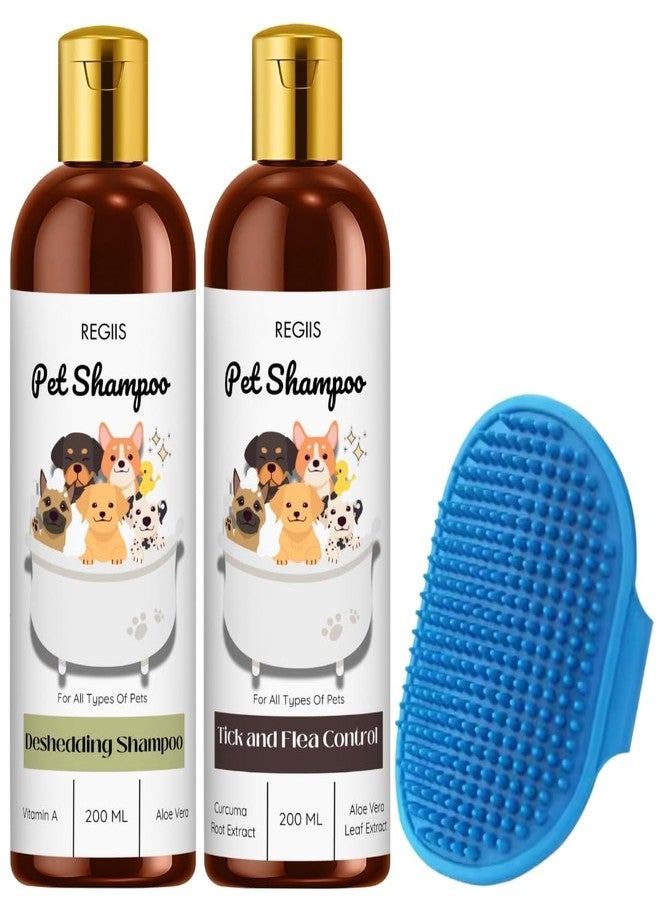 REGIIS Pet Grooming Kit, Deshedding Shampoo 200ml, Tick & Flea Control Shampoo 200ml with Rubber Scrubber, for All Pets - Image 1
